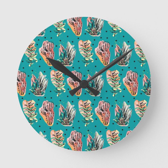 Abstract Graphic Cactus Succulent Pattern Round Clock (Front)