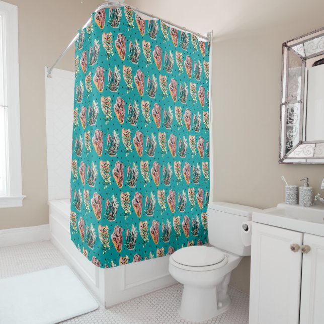 Abstract Graphic Cactus Succulent Pattern Shower Curtain (In Situ)