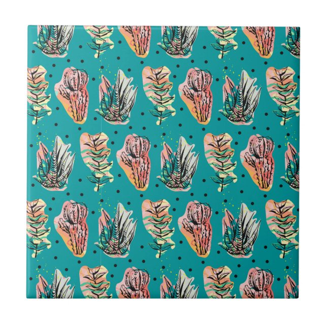 Abstract Graphic Cactus Succulent Pattern Tile (Front)