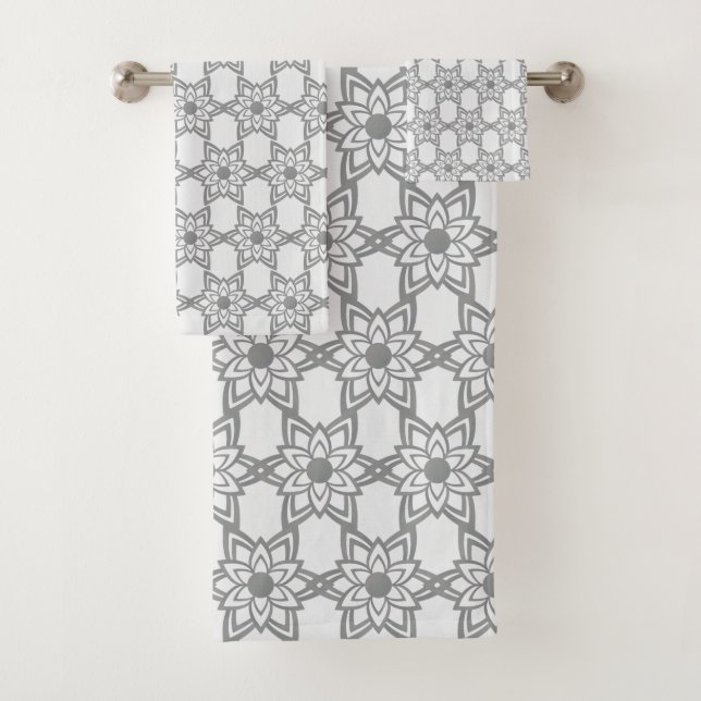 Abstract Gray Flower Mandala Pattern on White Bath Towel Set (Insitu)