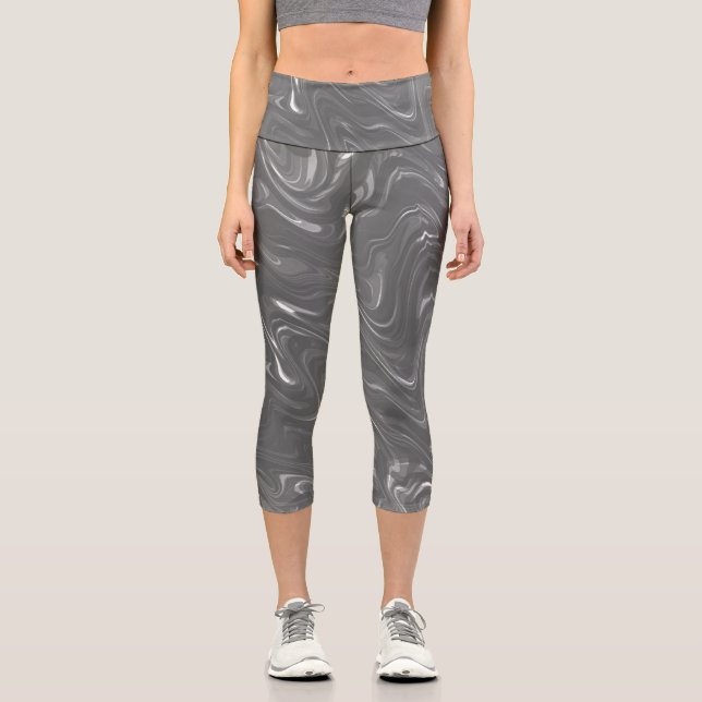 Abstract Gray Marble Pattern Capri Leggings (Front)