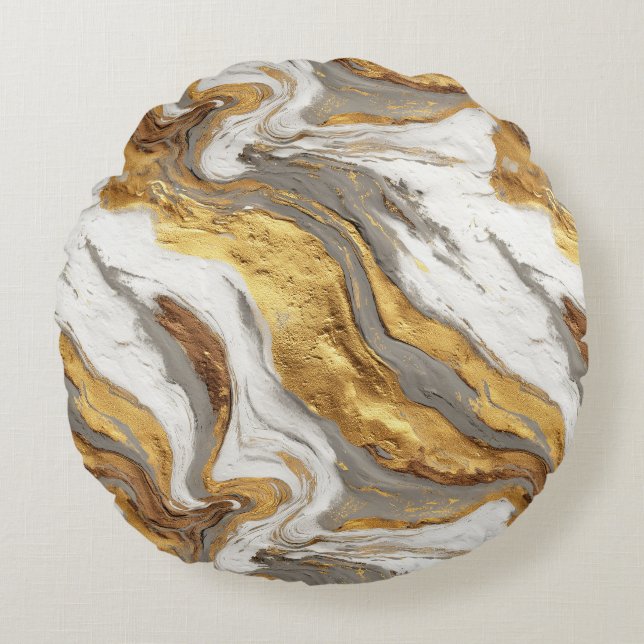 Abstract Gray Marble Texture with Flowing Gold Round Cushion (Front)