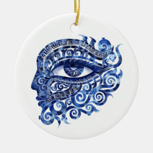 Abstract Greek Evil Eye With Greek Key Ceramic Ornament
