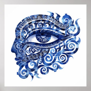 Abstract Greek Evil Eye With Greek Key Poster