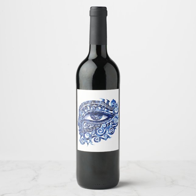 Abstract Greek Evil Eye With Greek Key Wine Label (Front)