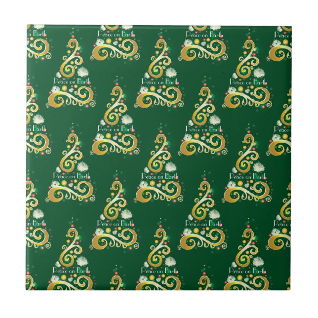 Abstract green and gold Christmas tree pattern Tile (Front)