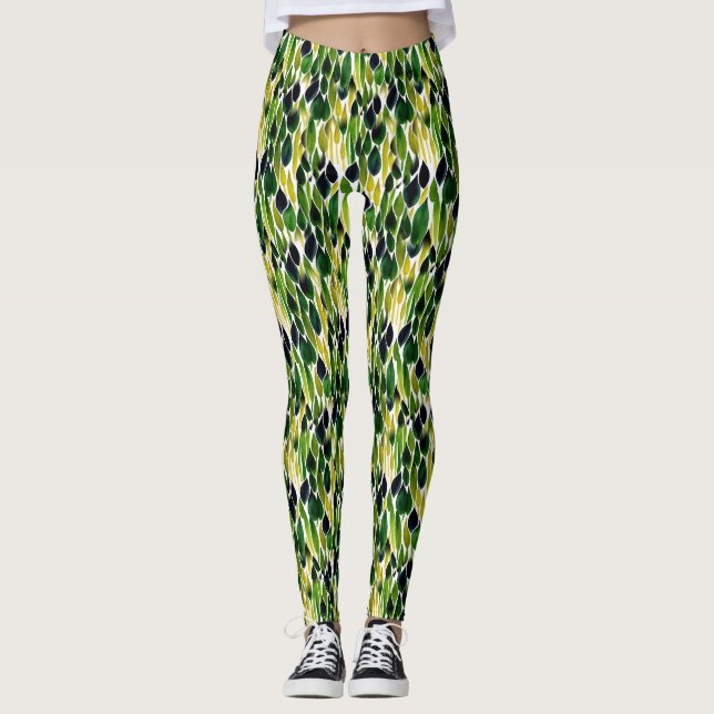 Abstract Green and Gold Leaves Leggings (Front)