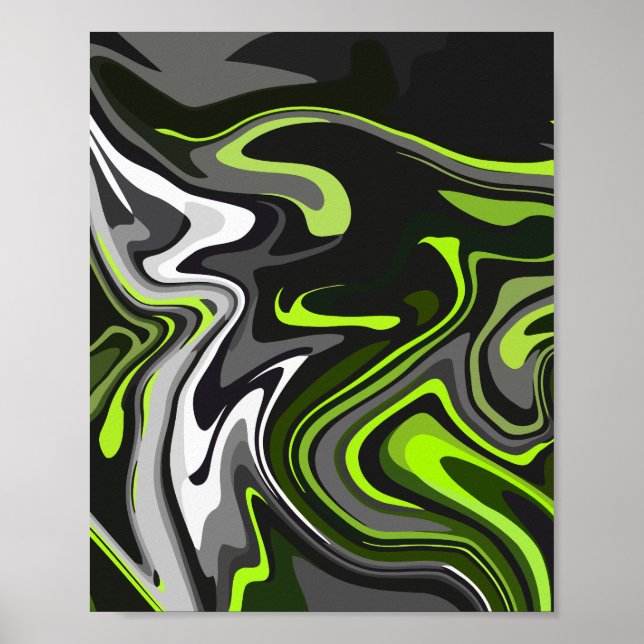 Abstract Green and Grey Fluid Art with Bold Swirls Poster (Front)