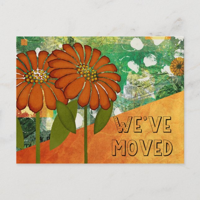 Abstract Green and Orange Floral New Address Postcard (Front)