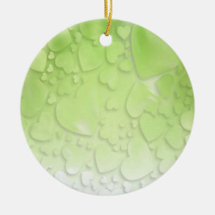 Abstract green and white hearts ceramic ornament
