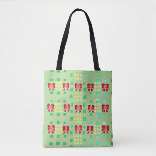 Abstract Green and Yellow Pattern with Red Bows Tote Bag