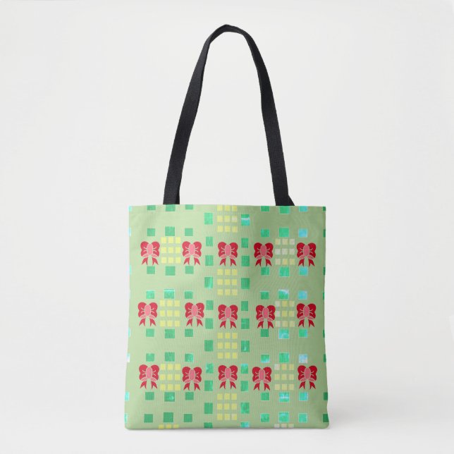 Abstract Green and Yellow Pattern with Red Bows Tote Bag (Front)