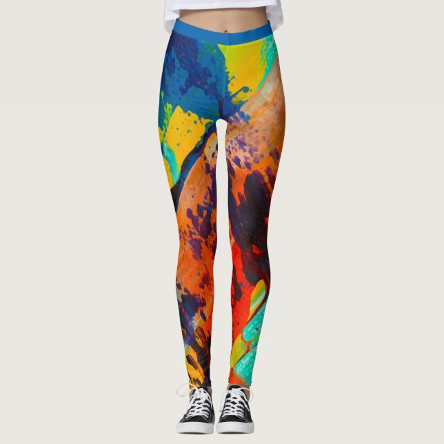 Abstract Green Blue Orange Brown Colourful Dynamic Leggings (Front)