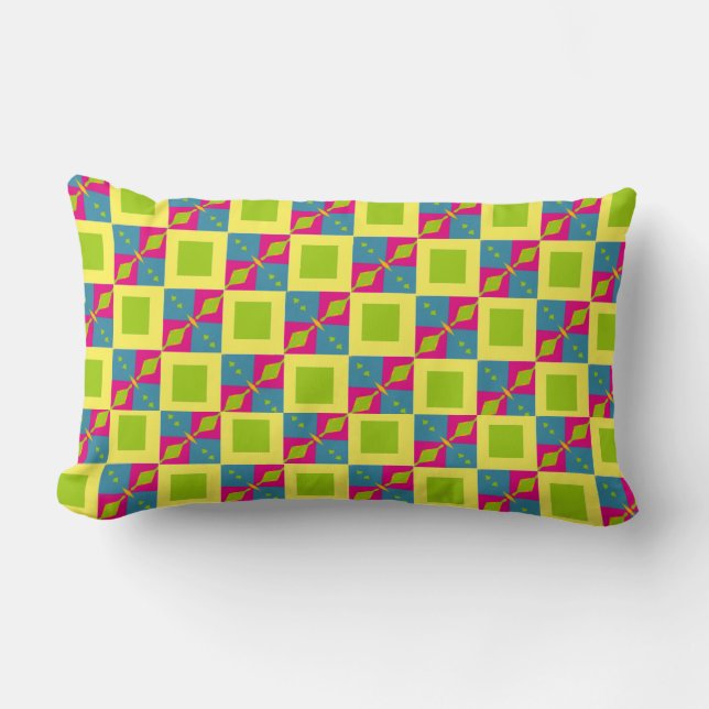 Abstract Green Blue Pattern with Squares Diamonds Lumbar Cushion (Front)