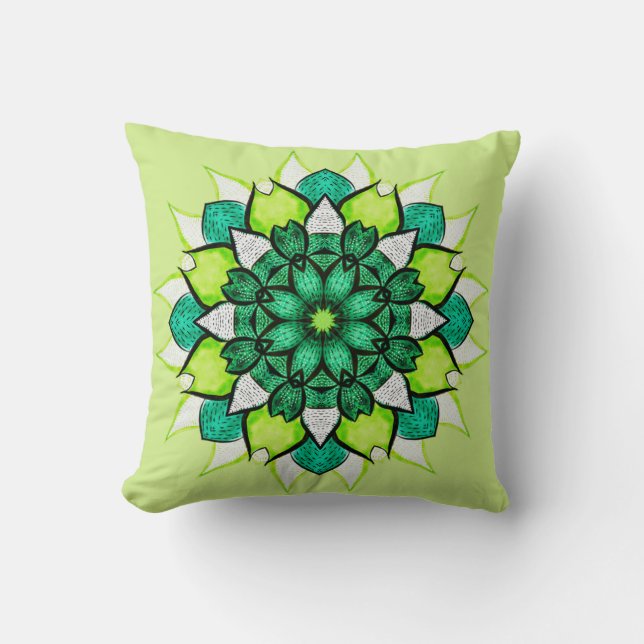 Abstract Green Boho Floral Mandala  Cushion (Front)