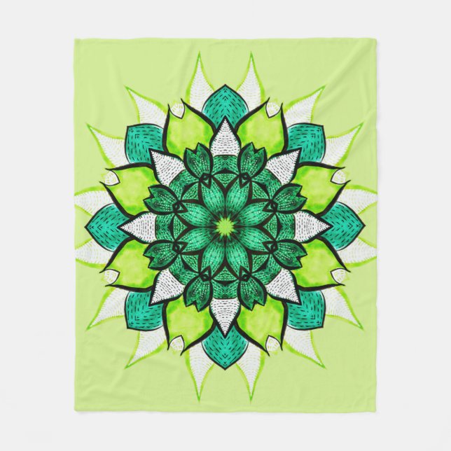 Abstract Green Boho Floral Mandala  Fleece Blanket (Front)