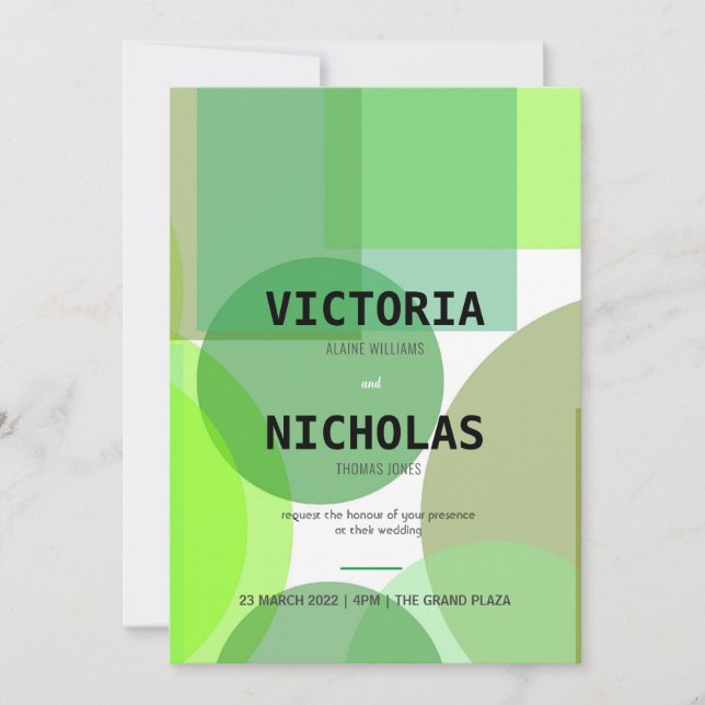 Abstract Green Circles and Squares Wedding Invite (Front)