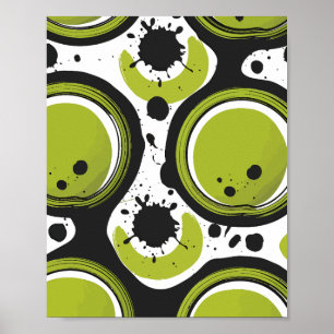 Abstract Green Circles with Black Ink Splashes Poster