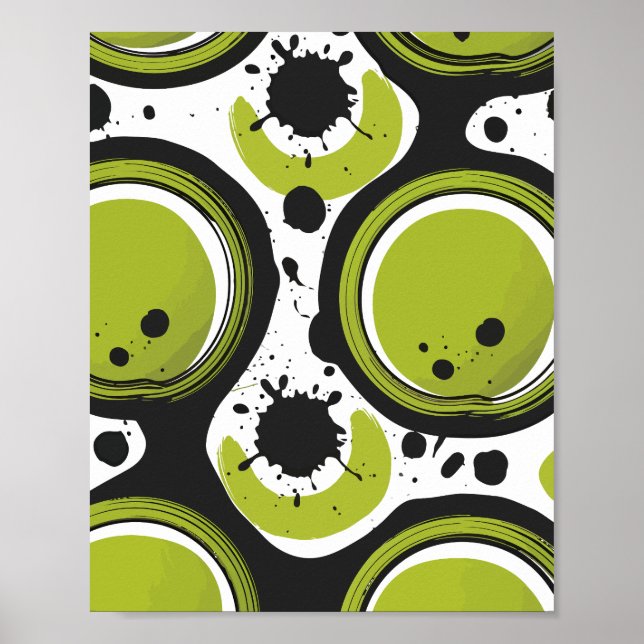 Abstract Green Circles with Black Ink Splashes Poster (Front)