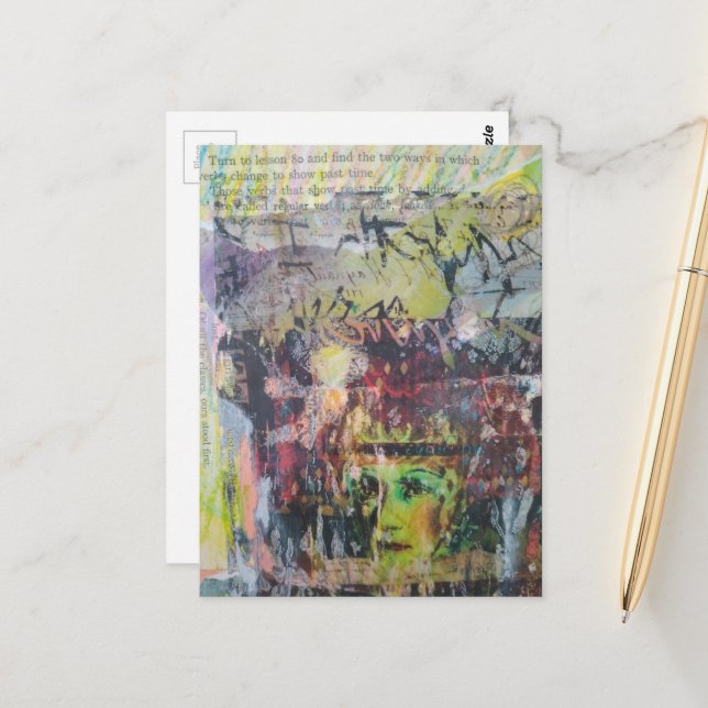 Abstract Green Face Vintage Textbook Collage Postcard (Front/Back In Situ)