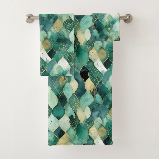 Abstract Green Gold Bath Towel Set (Insitu)