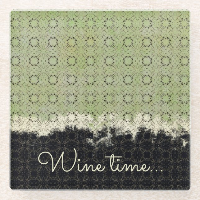Abstract Green, Grey, Bronze Vintage Pattern Glass Coaster (Front)