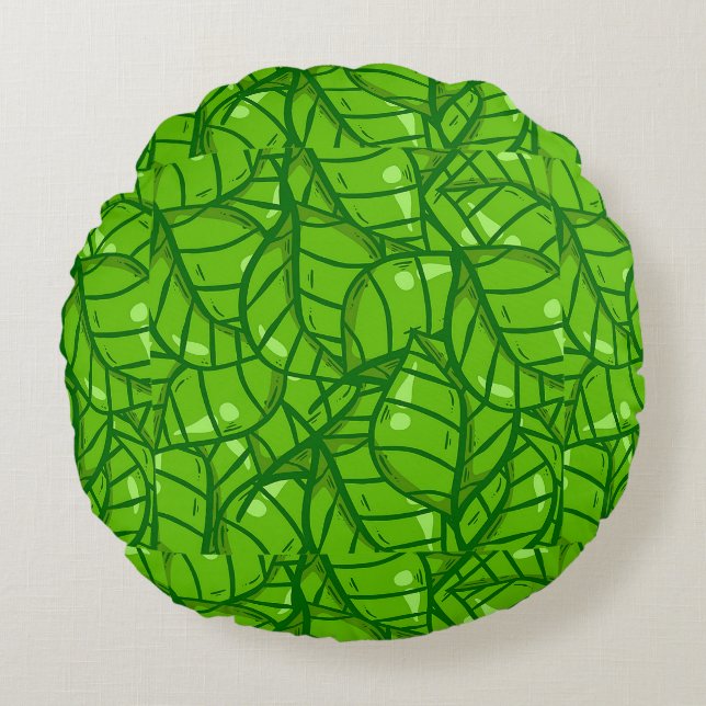 Abstract Green Leaf Pattern with Bright Illustrati Round Cushion (Front)