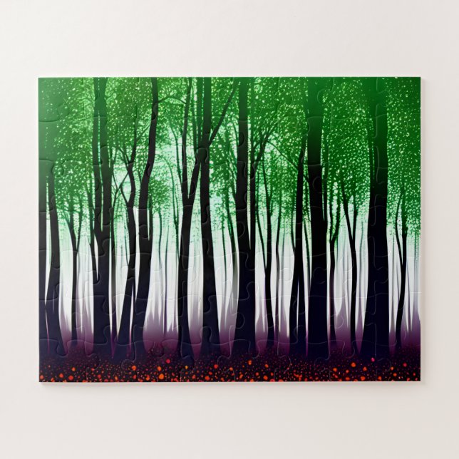 Abstract Green Leaves on Black Silhouette Forest Jigsaw Puzzle (Horizontal)