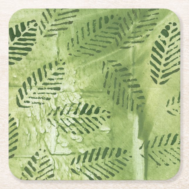 Abstract green leaves square paper coaster (Front)