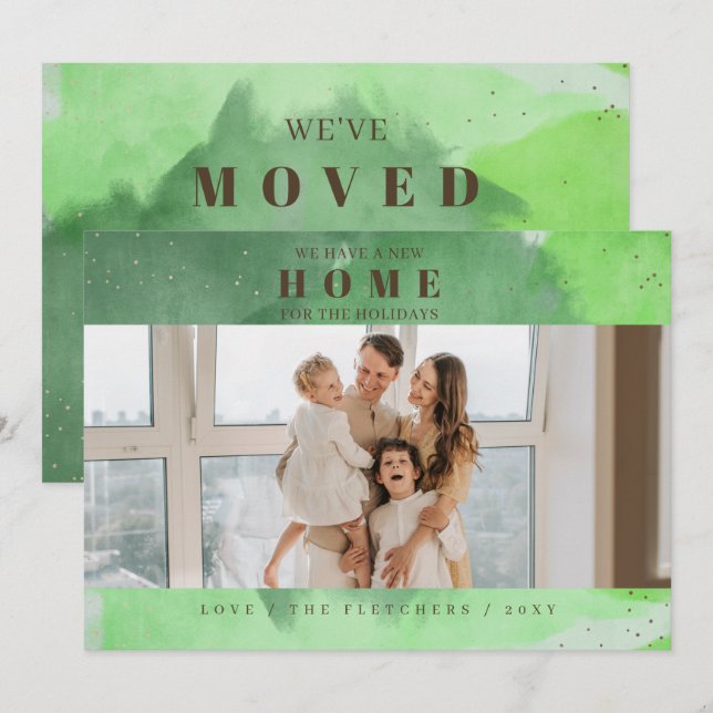 Abstract Green New Home for Holidays Photo Moving Holiday Card (Front/Back)
