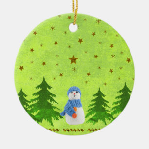 Abstract green paper Sparkly gold stars, snowman Ceramic Ornament