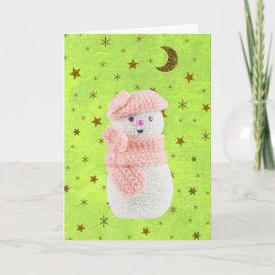 Abstract green paper with gold stars, snow woman holiday card
