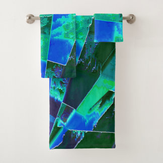 Abstract green pasture parts and blue sky, notched bath towel set