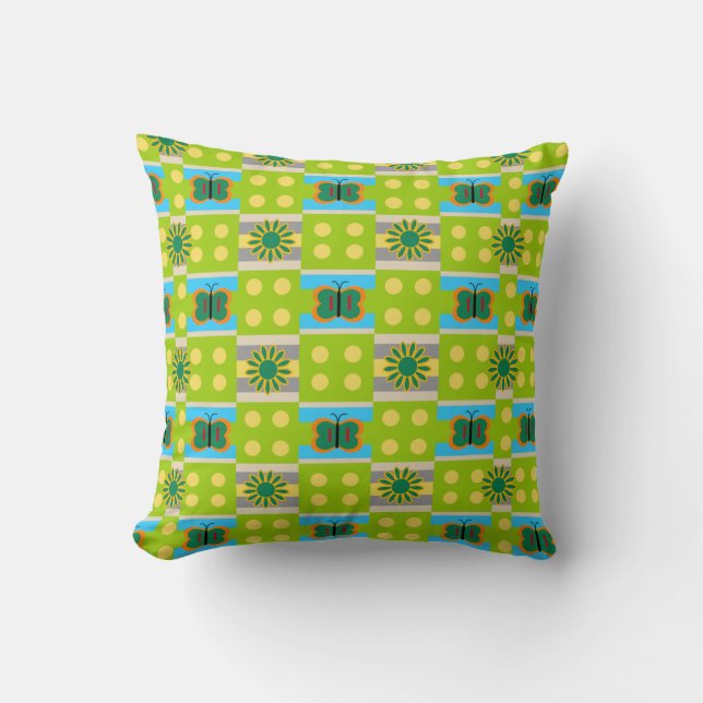 Abstract Green Pattern with Flowers Butterflies Cushion (Front)