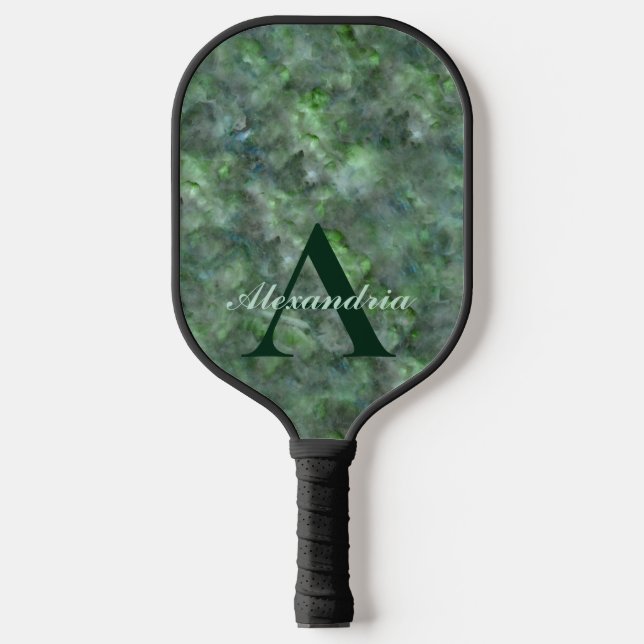 Abstract green quartz marble granite monogram pickleball paddle (Front)