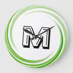 Abstract Green Swirl Monogram #3 Large Clock