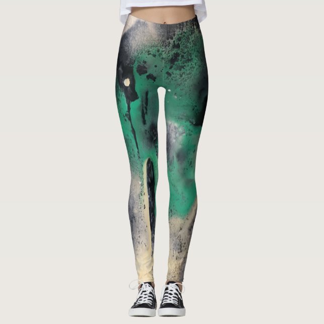 Abstract Green Watercolor Paint Leggings (Front)