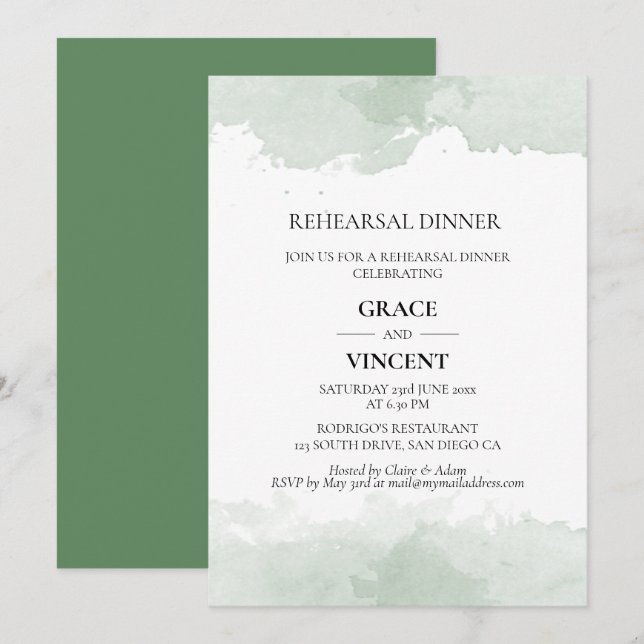 Abstract green watercolor rehearsal dinner invitation (Front/Back)