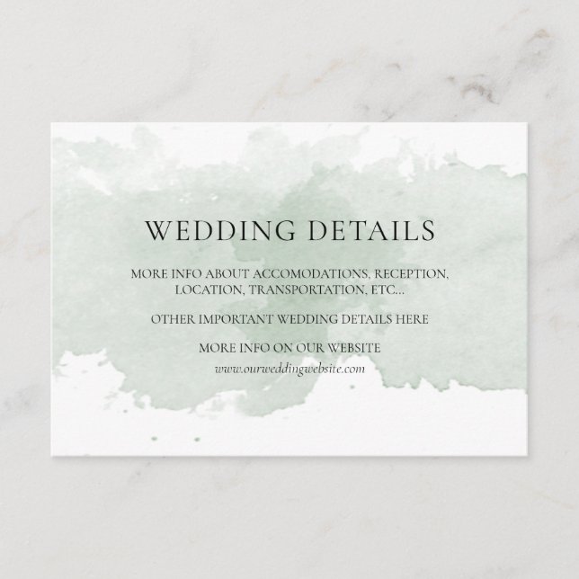 Abstract green watercolor wedding details card (Front)