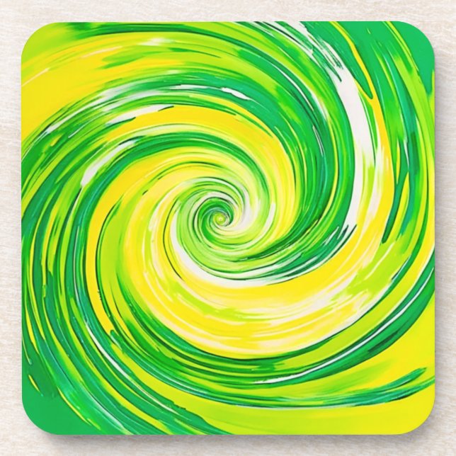 Abstract Green Yellow Spiral Art Coaster (Front)