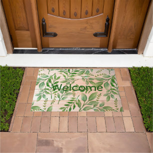 Abstract Greenery on Faux Wood Background Doormat