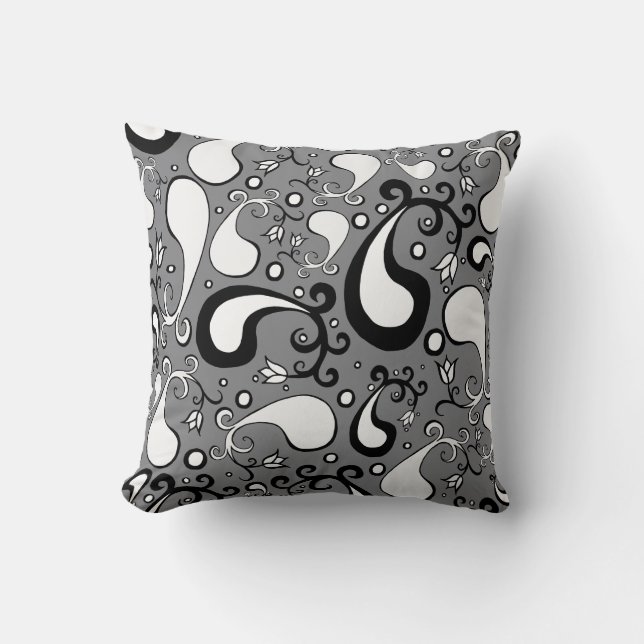 Abstract grey and white Tulip Paisley pattern Cushion (Front)