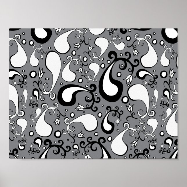 Abstract grey and white Tulip Paisley pattern Poster (Front)