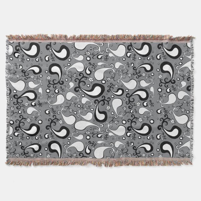 Abstract grey and white Tulip Paisley pattern Throw Blanket (Front)