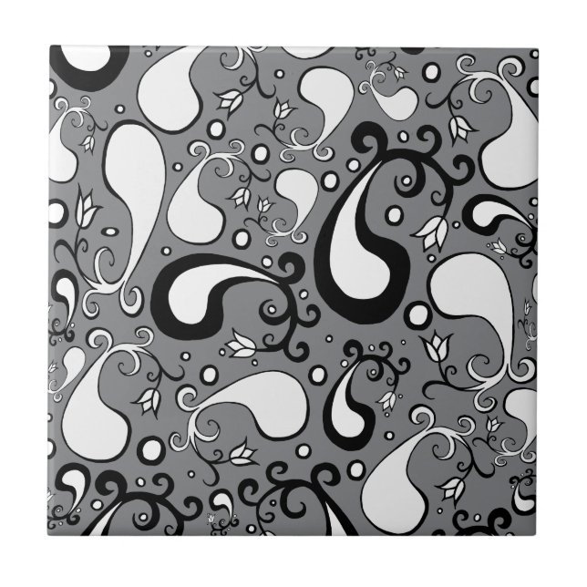 Abstract grey and white Tulip Paisley pattern Tile (Front)