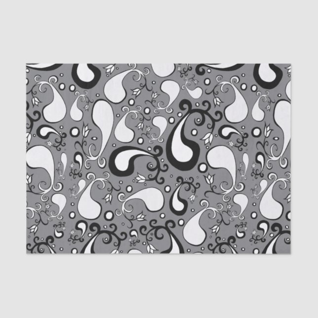 Abstract grey and white Tulip Paisley pattern Tissue Paper (Front)