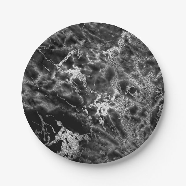 Abstract Grey Black Silver  Marble Glam Vip Paper Plate (Front)