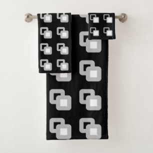 Abstract Grey, Black & White Square Pattern Bath Towel Set