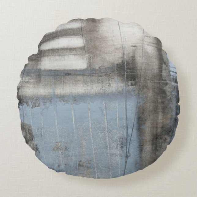 Abstract Grey & Blue Painting Round Cushion (Front)