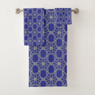 Abstract Grey Flower Mandala Pattern on Deep Blue Bath Towel Set